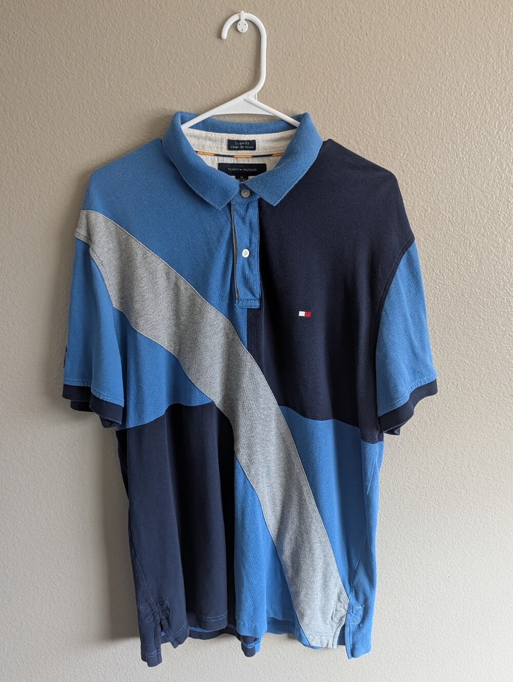Tommy Hilfiger Colorblock Polo Blue Navy Gray Diagonal Stripe Preppy Size XL